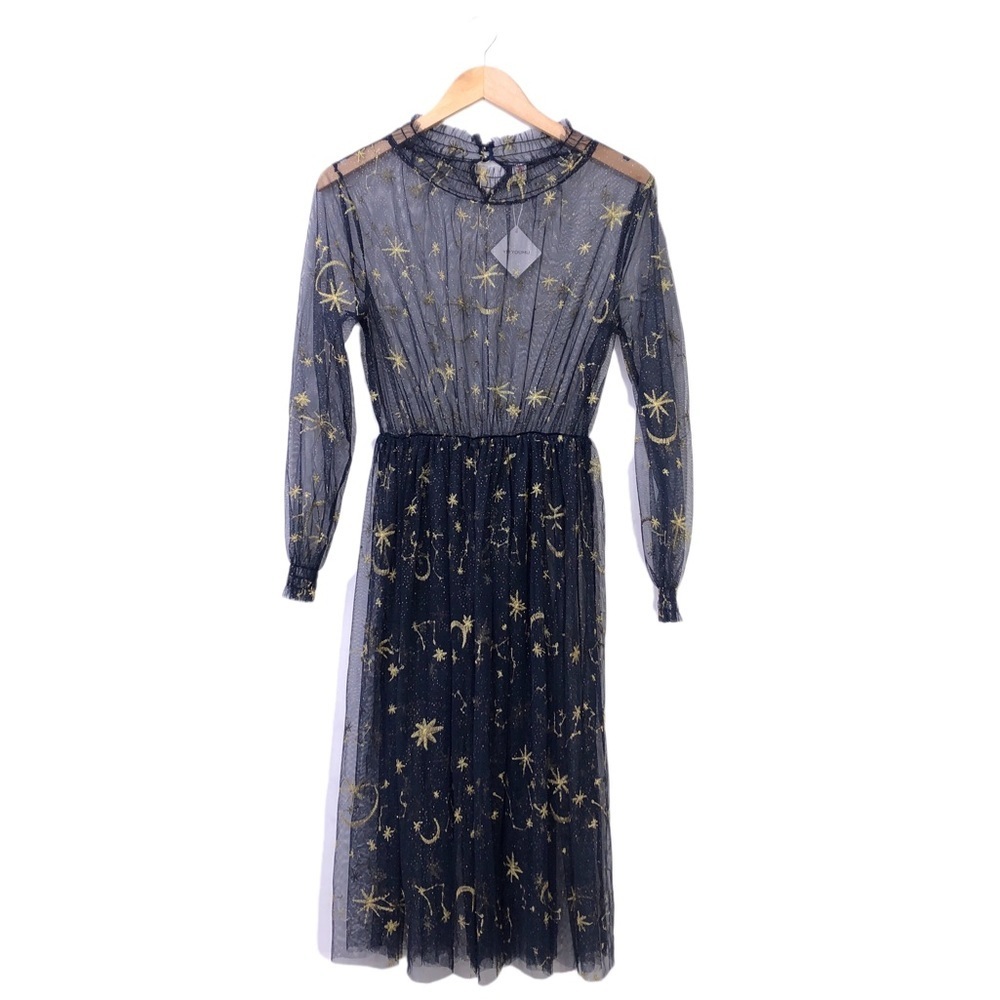 Youmu Navy Blue Gold Embroidered Starry Sky Sheer Tulle Mesh Ling Sleeve Dress S
